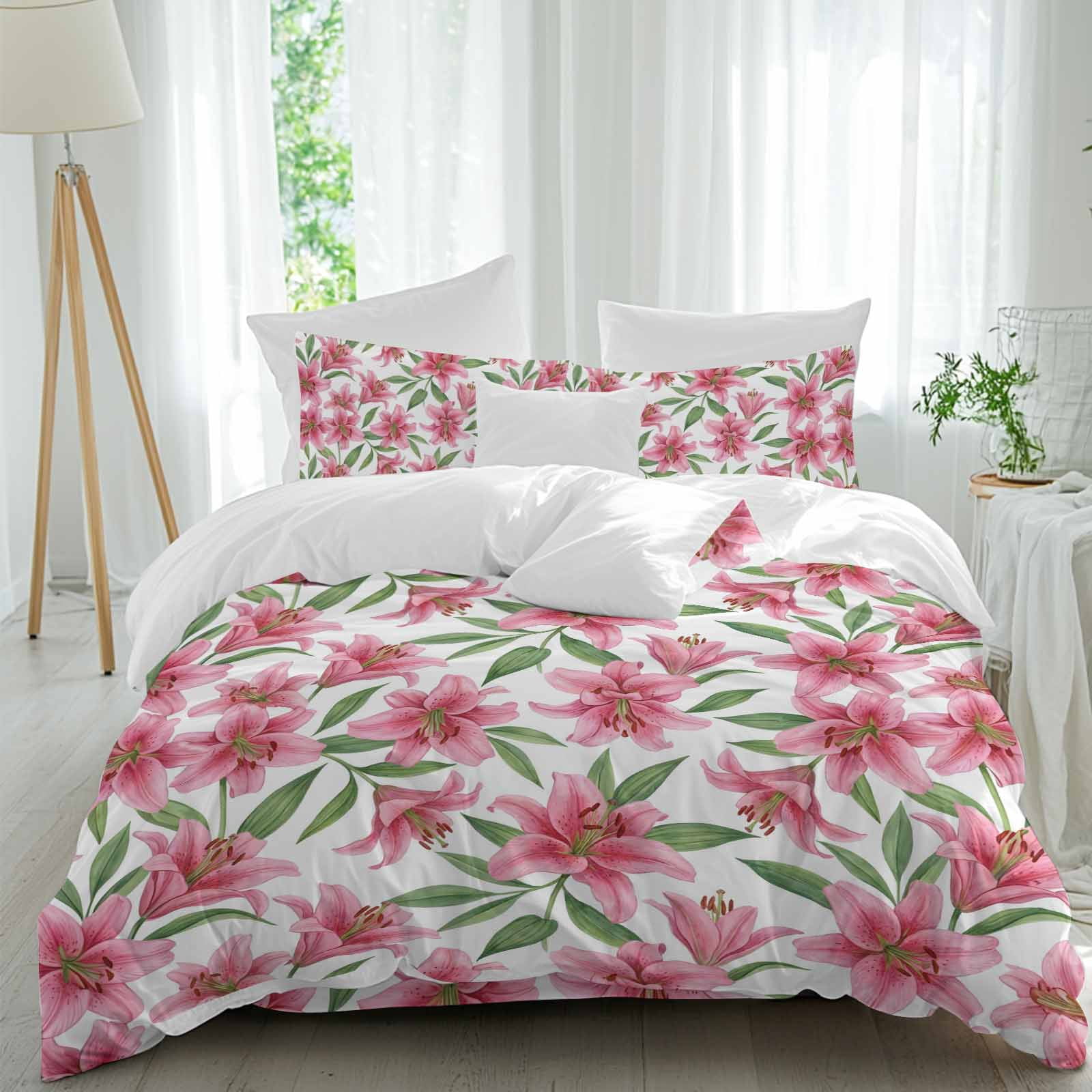 Summer Lily Queen Duvet Cover Set, Watercolor Pink Flower Pastoral Style 4 Piece Microfiber Bedding Set with Zipper Closure, Bed Sheet and 2 Pillow Shams, Soft Bedding Cover