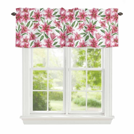 Summer Lily Window Valance for Kitchen, Watercolor Pink Flower Pastoral Style Rod Pocket Short Curtain for Small Windows, Light Filtering Decorative Valance, 60 x 14 Inch, 1 Panel