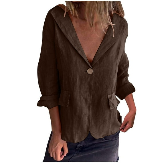 Summer Linen Blazer for Women 3/4 Stretchy Ruched Sleeve Fully Lined Lightweight Breathable Casual Work Jacket