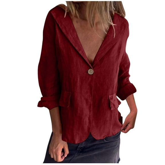 Summer Linen Blazer for Women 3/4 Stretchy Ruched Sleeve Fully Lined Lightweight Breathable Casual Work Jacket