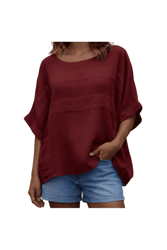 Summer Linen Blouse for Women, Batwing Sleeve Batwing Sleeve Top Plus Size Casual Loose Plus Size T-Shirt Red XL
