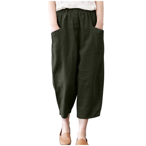 Summer Linen Capri Pants for Women Solid Color Elastic High Waisted Loose Fit Comfy Casual Wide Leg Capris Pants