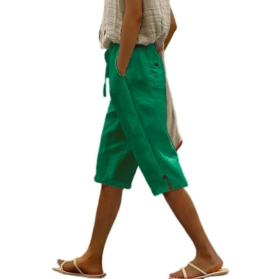 Summer Linen Capris Ladies Lightweight Beach Pants with Pockets, High Waist Soft Comfy Gauze Casual Loose Cropped Trousers Green S