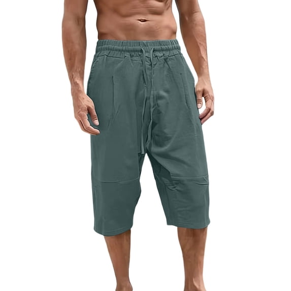 Summer Linen Capris Pants Men Drawstring Elastic Waist Breathable Beach Vacation Shorts Fathers Day Gift