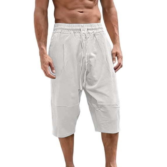 Summer Linen Capris Pants Men Drawstring Elastic Waist Breathable Beach Vacation Shorts Fathers Day Gift