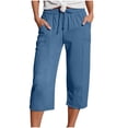 thumbnail image 1 of Summer Linen Capris for Women with Pockets Lightweight Wide Leg Drawstring Elastic Capri Pants Beach Trouser (2XL, Blue), 1 of 7