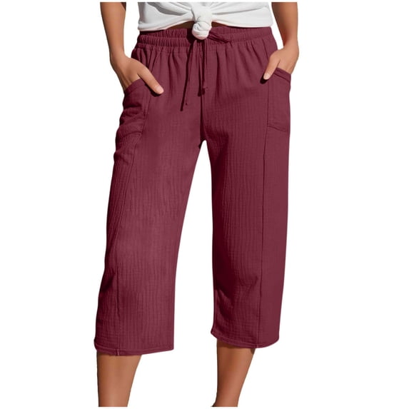 Summer Linen Capris for Women with Pockets Lightweight Wide Leg Drawstring Elastic Capri Pants Beach Trouser (XL, Wine)