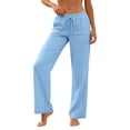 thumbnail image 1 of Summer Linen Casual Pants for Women Elastic Waist Drawstring Loose Trousers with Pockets Soft Relaxed Fits Pants Daily Wear,Blue,S, 1 of 7
