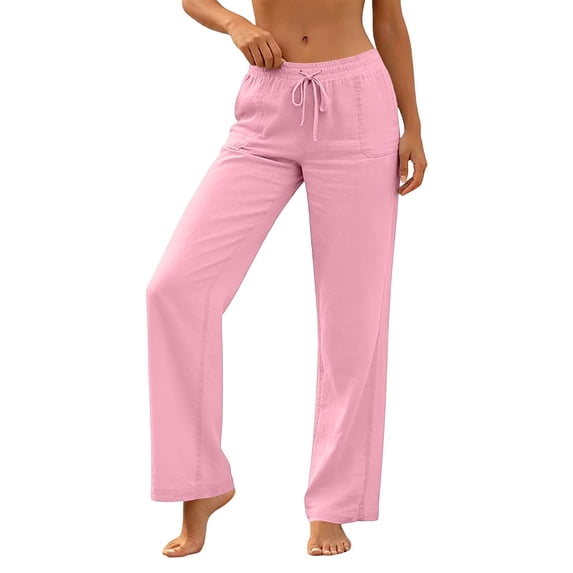 Summer Linen Casual Pants for Women Elastic Waist Drawstring Loose Trousers with Pockets Soft Relaxed Fits Pants Daily Wear,Pinks,XXL