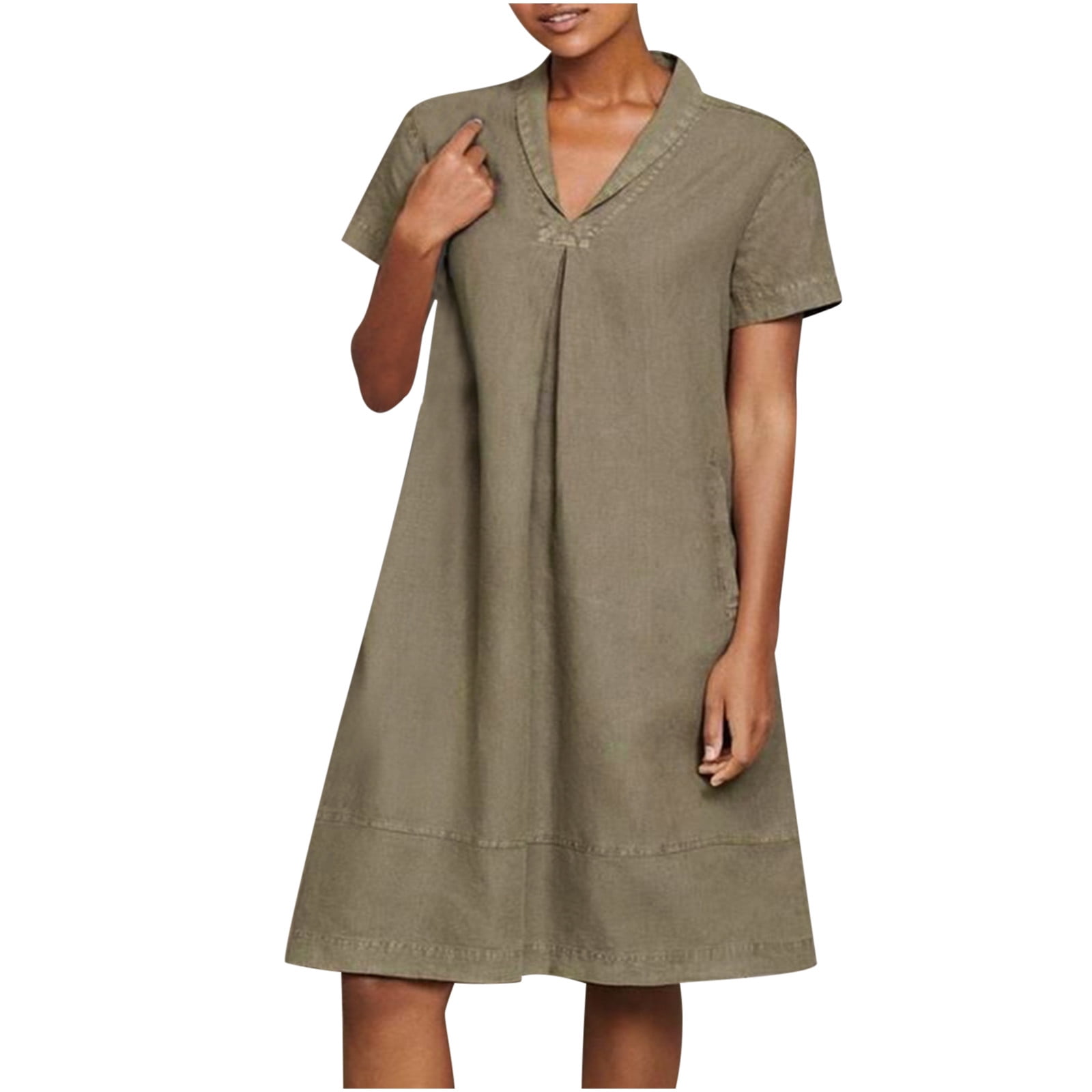 Summer Linen Dress for Women V Neck Plain Ruched Short Sleeve Short ...