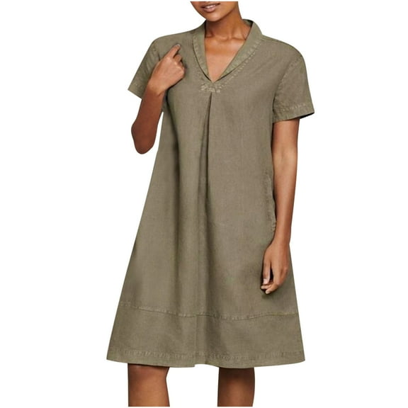 Summer Linen Dress for Women V Neck Plain Ruched Short Sleeve Short Mini Dress Casual Loose Comfy Pockets T Shirts Dress