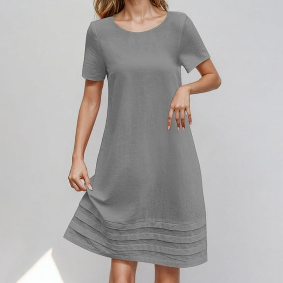 Xdegoge Summer Linen Dresses for Women 2025 Short Sleeve Casual T Shirt Dress Crewneck Pleated Front Loose Beach Flowy Midi Dresses Maternity Plus Size Comfy Sundressof s Last