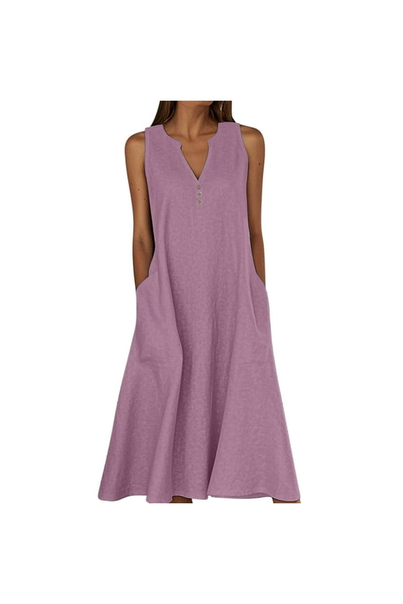 Summer Linen Dresses for Women 2025 Button V Neck Sleeveless Midi Dress Casual Cotton Gauze Shift Dress with Pocket