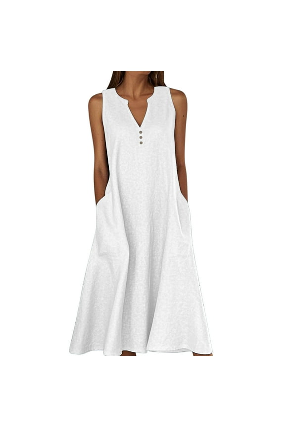 Summer Linen Dresses for Women 2025 Button V Neck Sleeveless Midi Dress Casual Cotton Gauze Shift Dress with Pocket