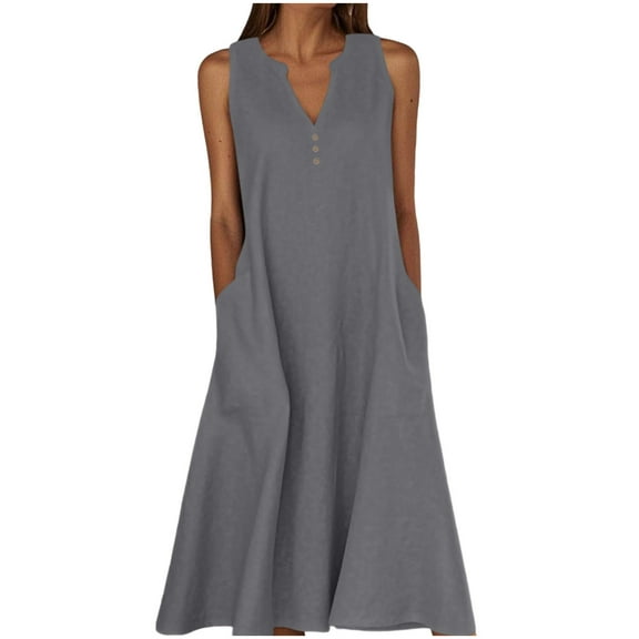 Summer Linen Dresses for Women Button V Neck Sleeveless Midi Dress Casual Cotton Gauze Shift Dress 2025 with Pockets