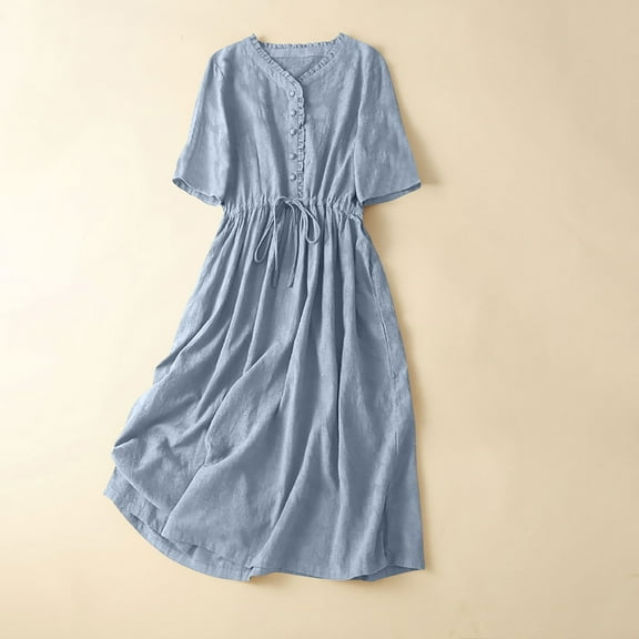 Summer Linen Dresses for Women Ladies Fashion Women Five Quarter Sleeve Dress V-Neck Dress Solid Dresses Pocket Button Light Blue L