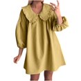 thumbnail image 1 of Summer Linen Dresses for Women Women's 3/4 Puff Sleeve Plaid Mini Dress Lapel Doll Collar Loose Dress Yellow Xxl, 1 of 5