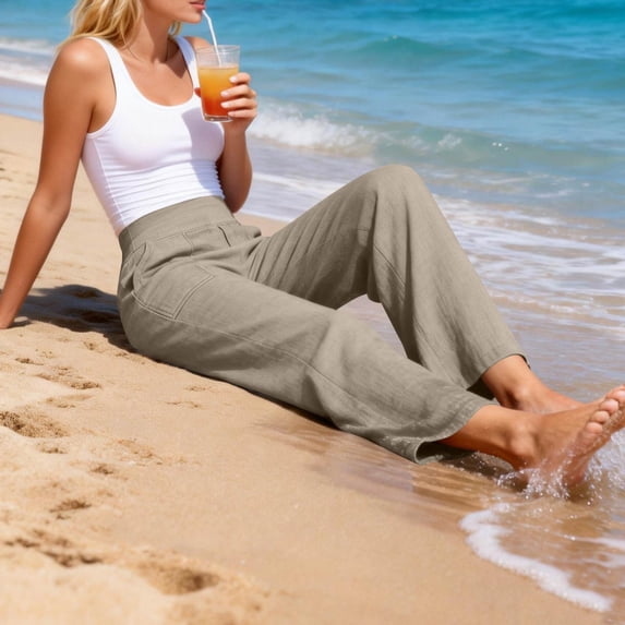Summer Linen Palazzo Pants for Women Elastic Waist Flowy Wide Leg Beach Vacation Trousers Brown 2XL
