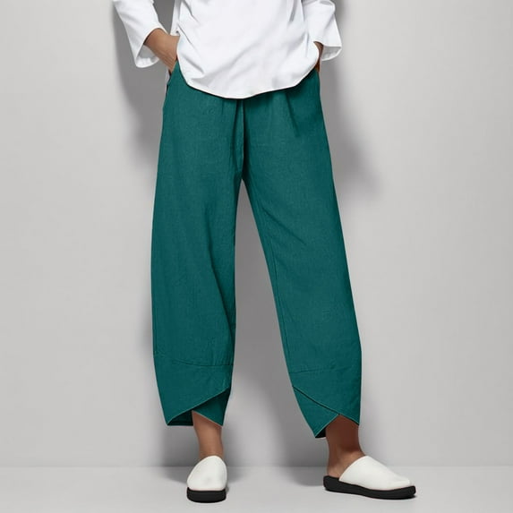 Summer Linen Pants for Women,Casual Elastic Waist Solid Print Side Button Trendy Pants Baggy Comfy Trousers Women Pants Cotton Daily Wearing Female Green2 4Xl