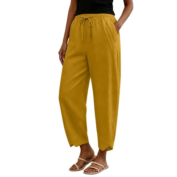 Summer Linen Pants for Women Harem Pants Barrel Trousers Straight Leg Pants Elastic Waist Trousers With Pockets Palazzo Loose Fit Split Hem Pants Capris Pants Boho Travel Pull-On Pants