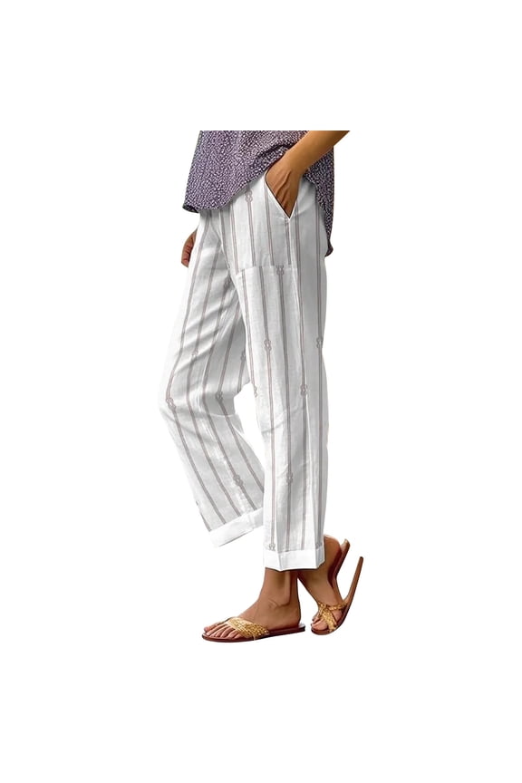 Summer Linen Pants for Women Striped Linen Pants Muslin Pants for Women High Waisted Drawstring Office Dress Work Slacks Elastic Waist Trousers With Pockets Beach Summer Pants Lounge Baggy