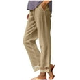 thumbnail image 1 of Summer Linen Pants Womens Hollow-out Lace Patchwork Wide Leg Loose Casual Beach Long Pants with Pockets (XL, Khaki), 1 of 5