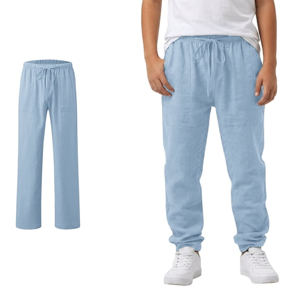 Summer Linen Pants for Boys Blue School Uniform Pants Elastic Waist Drawstring Straight Leg Casual Beach Trousers Pockets 16-17 Years