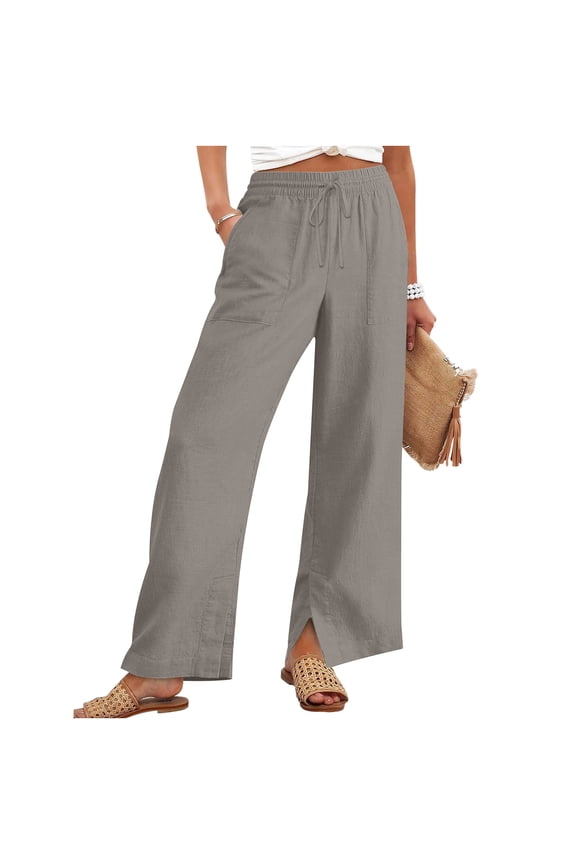 Summer Linen Pants for Women Wide Leg Breathable Casual Split Hem Baggy Pockets Beach Swim Trouser