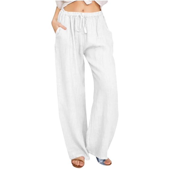 Summer Linen Pants for Women Wide Leg Drawstring Elastic Waist Flowy Palazzo Pants Loose Beach Trouser with Pockets