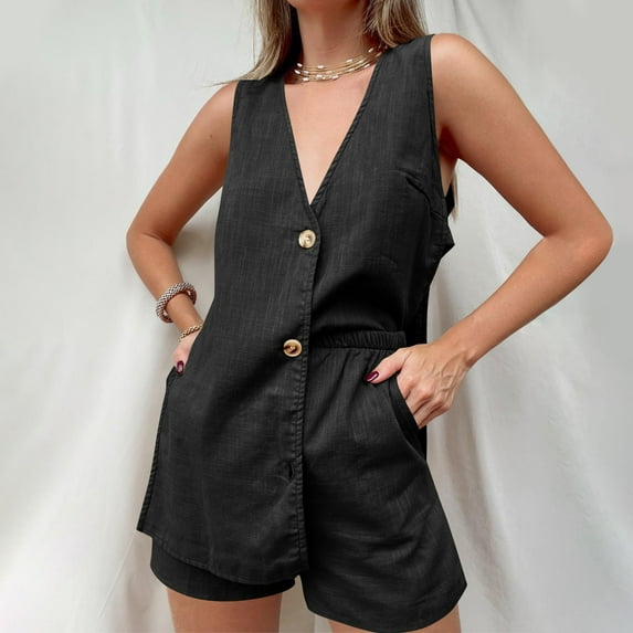 Summer Linen Sets for Women 2 Piece Sleeveless Side Split Button Up Tank Top with Shorts V Neck Lounge Outfits (Small, Black)