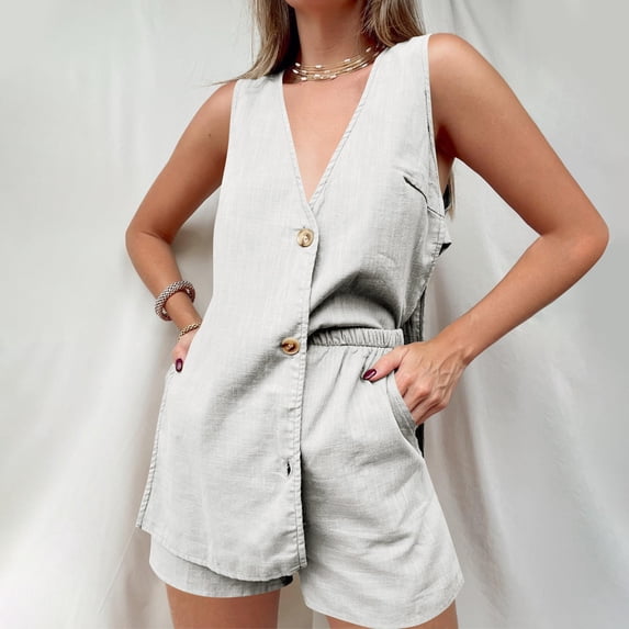 Summer Linen Sets for Women 2 Piece Sleeveless Side Split Button Up Tank Top with Shorts V Neck Lounge Outfits (Medium, White)
