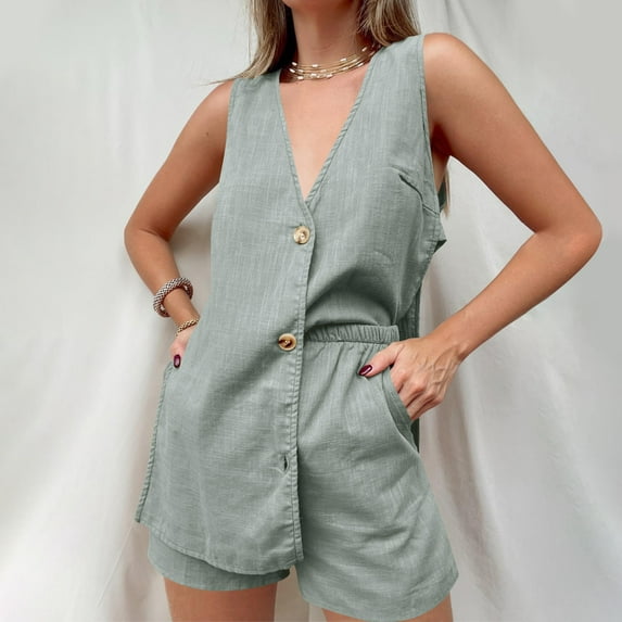 Summer Linen Sets for Women 2 Piece Sleeveless Side Split Button Up Tank Top with Shorts V Neck Lounge Outfits (XX-Large, Gray)