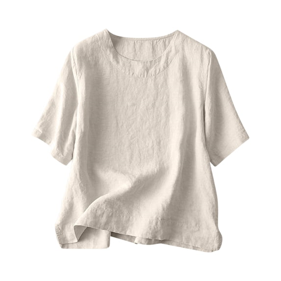 Summer Linen Shirts for Women 2026 Trendy Short Sleeve Boho Tops Dressy Casual Crewneck Vacation Tunic Blouse Light Gray M