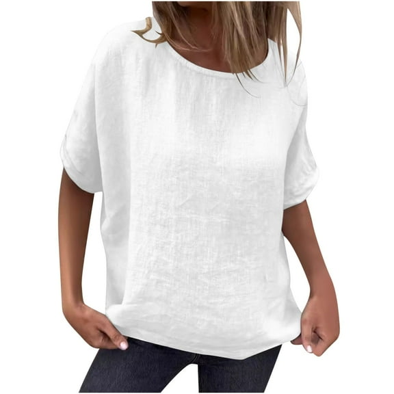 Summer Linen Shirts for Women Plus Size Top Casual Loose Crew Neck Basic Top Womens Clothing