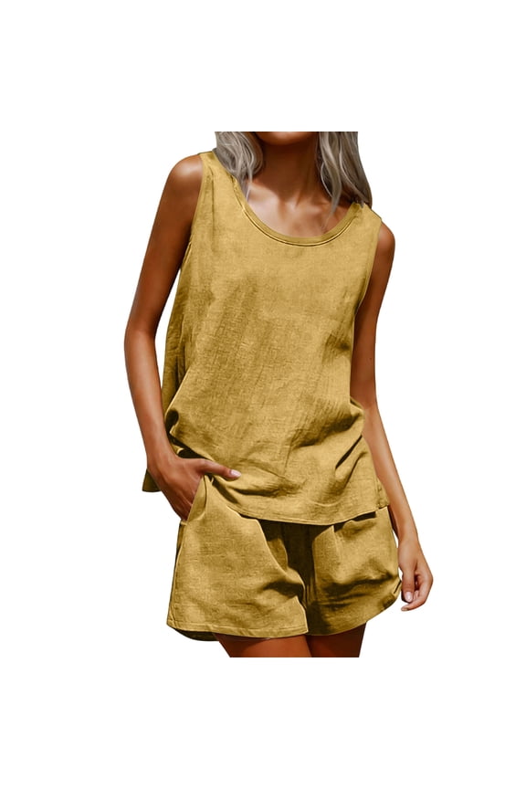 Summer Linen Short Sets for Women Two Piece Casual Sleeveless Tank Top and High Waisted Shorts with Pockets