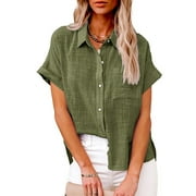 SANBONEPD Summer Linen Short Sleeve Loose Fit Dress Shirts for Women Green Leisure Solid Color Work Fashion Women's Casual Button Shirt M