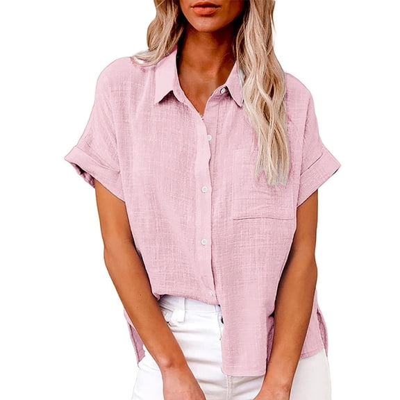Summer Linen Short Sleeve Loose Fit Dress Shirts for Women Leisure Solid Color Work Fashion Women's Casual Button Shirt XXL