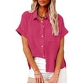 thumbnail image 1 of Summer Linen Short Sleeve Loose Fit Dress Shirts for Women Red Leisure Solid Color Work Fashion Women's Casual Button Shirt 3XL, 1 of 7