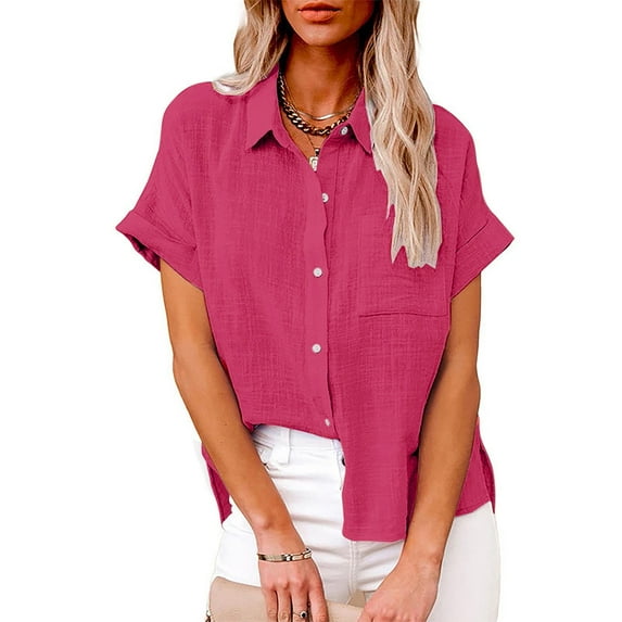 Summer Linen Short Sleeve Loose Fit Dress Shirts for Women Red Leisure Solid Color Work Fashion Women's Casual Button Shirt 3XL