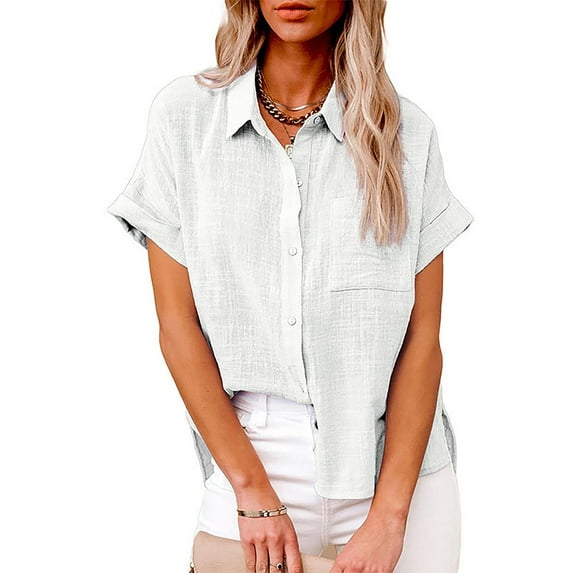 Summer Linen Short Sleeve Loose Fit Dress Shirts for Women White Leisure Solid Color Work Fashion Women's Casual Button Shirt XXL