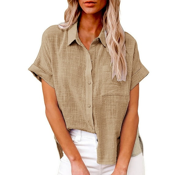 Summer Linen Short Sleeve Loose Fit Dress Shirts for Women Yellow Leisure Solid Color Work Fashion Women's Casual Button Shirt 3XL