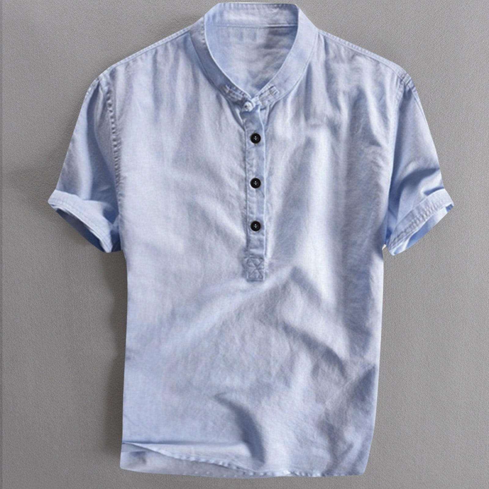 Summer Linen Short Sleeve Shirts for Men Blue Workwear Gradient Color Mock Neck Work Men