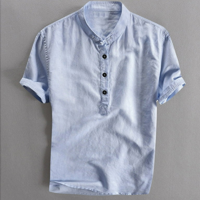 Summer Linen Short Sleeve Shirts for Men Blue Workwear Gradient Color Mock Neck Work Men s Cool And Thin Breathable Collar Hanging Dyed Cotton Shirt L