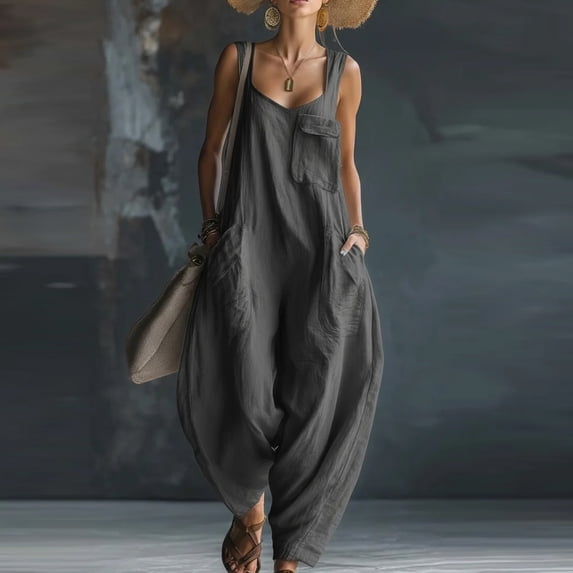 Summer Linen Sleeveless Jumpsuits for Women Square Neck Wide Leg Outfits Casual Pants Rompers with Pockets