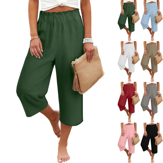 Summer Linen Solid Color Loose Wide Leg Pants Womens Lightweight Capris Casual High Waisted Lounge Flowy Cropped Beach Capris with Pocket