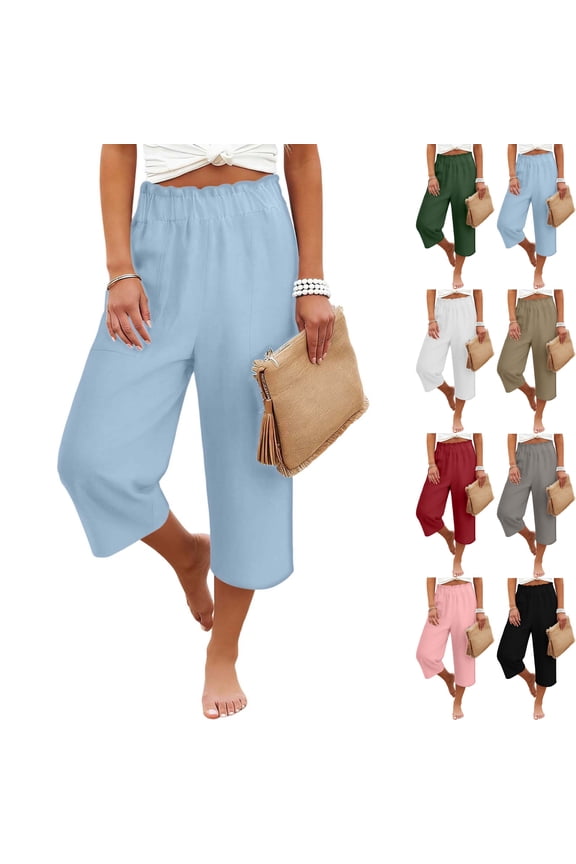Summer Linen Solid Color Loose Wide Leg Pants Womens Lightweight Capris Casual High Waisted Lounge Flowy Cropped Beach Capris with Pocket