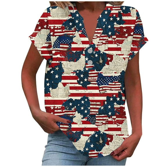 Summer Linen T-Shirts For Womens Henley Neck Tee Short Sleeve T Shirts Floral Printed Tunic Blouses Loose Fitted T-Shirts Boho Dressy Shirts Bussiness Work T Shirts office Clothes