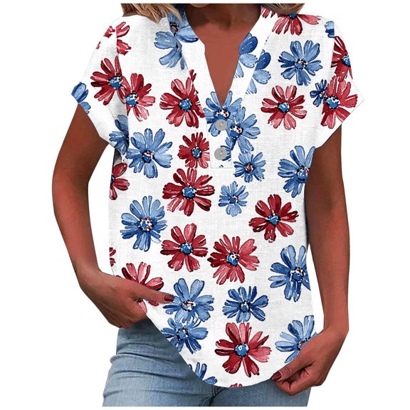 Summer Linen T-Shirts For Womens Henley Neck Tee Short Sleeve T Shirts Floral Printed Tunic Blouses Loose Fitted T-Shirts Boho Dressy Shirts Bussiness Work T Shirts office Clothes