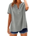 thumbnail image 1 of Summer Linen T Shirts for Women 2026 Trendy Short Sleeve Shirt Casual Button V Neck Tunic Blouses Outfits, 1 of 3
