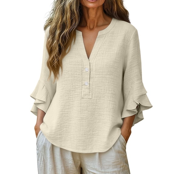 Summer Linen T-shirts for Women 3/4 Sleeves Ruffle V-Neck Top Casual Loose Fit Solid Shirts for Daily Wear Elegant Lightweight Tops